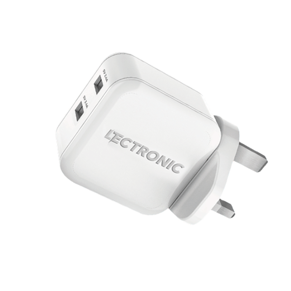(اشتري قطعة والثانية مجانًا) شاحن جداري ليكترونك ٢٤ واط بمنفذين USB-A + كابل Lightning معتمد من Apple - أبيض